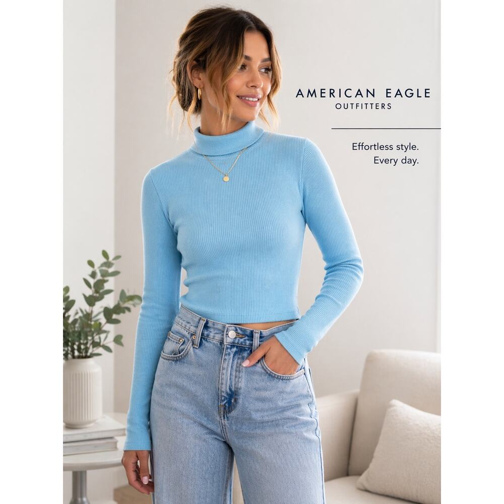 NWT American Eagle Blue Waffle Knit Mock Neck Crop Top Medium Y2K Preppy Chic‎